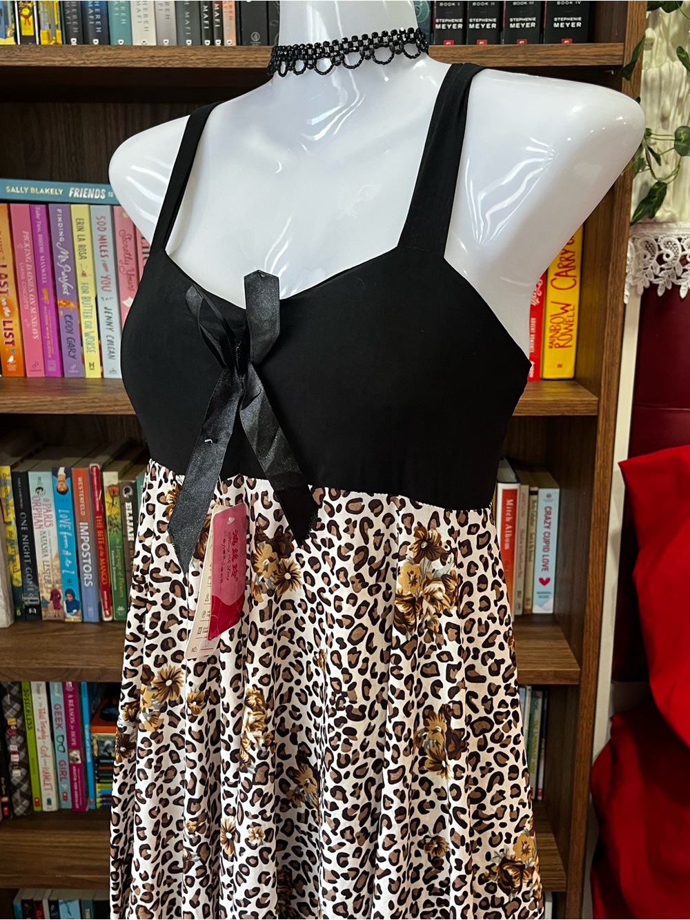 Y2K Black Bodice Leopard & Floral Print Midi Dress